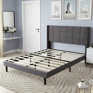 English Elm Full Size Upholstered Platform Bed Tufted Foam Headboard Solid Wood Slat Base Dark Gray B347P515826