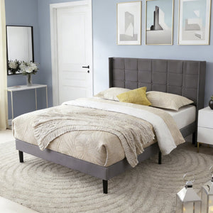 English Elm Full Size Upholstered Platform Bed Tufted Foam Headboard Solid Wood Slat Base Dark Gray B347P515826