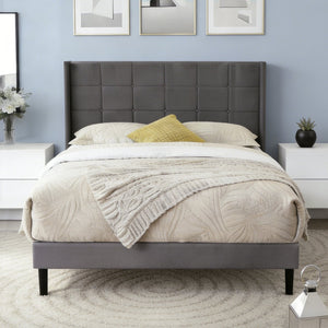 English Elm Full Size Upholstered Platform Bed Tufted Foam Headboard Solid Wood Slat Base Dark Gray B347P515826