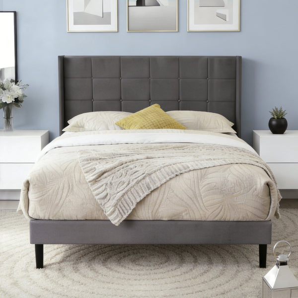 English Elm Full Size Upholstered Platform Bed Tufted Foam Headboard Solid Wood Slat Base Dark Gray B347P515826