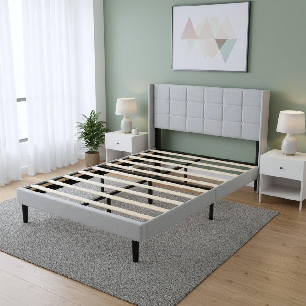 English Elm Full Size Upholstered Platform Bed Tufted Foam Headboard Solid Wood Slat Base Light Gray B347P515827