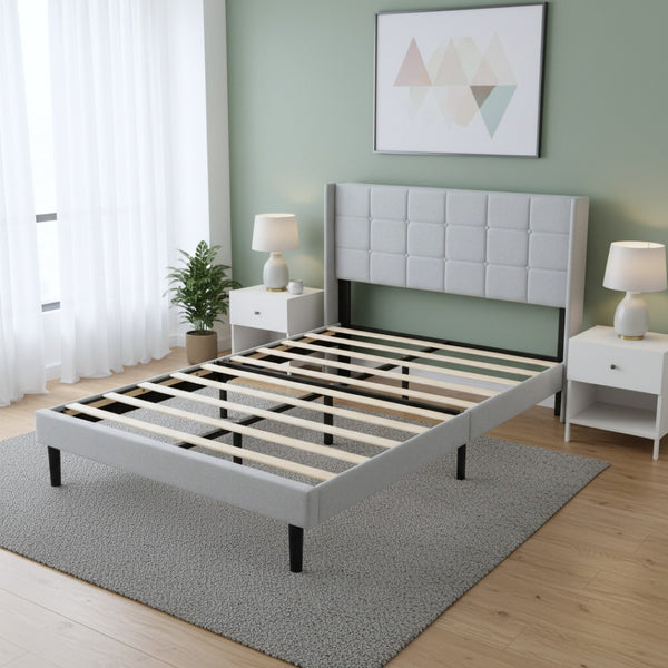 English Elm Full Size Upholstered Platform Bed Tufted Foam Headboard Solid Wood Slat Base Light Gray B347P515827