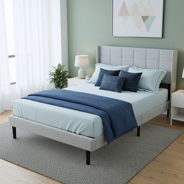 English Elm Full Size Upholstered Platform Bed Tufted Foam Headboard Solid Wood Slat Base Light Gray B347P515827