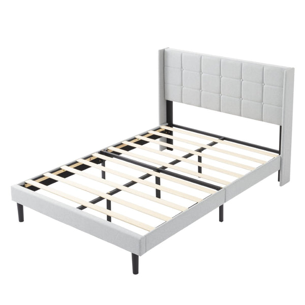 English Elm Full Size Upholstered Platform Bed Tufted Foam Headboard Solid Wood Slat Base Light Gray B347P515827