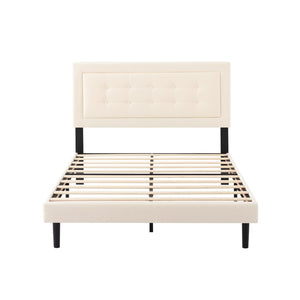 English Elm Full Size Low Profile Platform Bed Padded Headboard Solid Wood Slat Support Frame Beige B347P516289