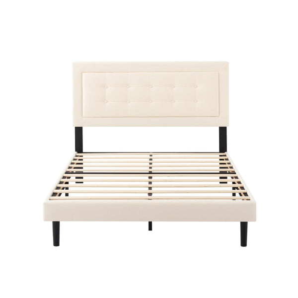 English Elm Full Size Low Profile Platform Bed Padded Headboard Solid Wood Slat Support Frame Beige B347P516289