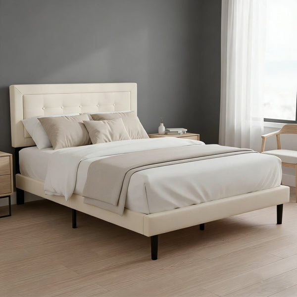 English Elm Full Size Low Profile Platform Bed Padded Headboard Solid Wood Slat Support Frame Beige B347P516289