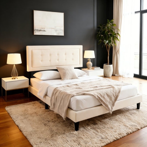 English Elm Full Size Low Profile Platform Bed Padded Headboard Solid Wood Slat Support Frame Beige B347P516289
