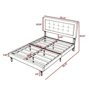 English Elm Full Size Low Profile Platform Bed Padded Headboard Solid Wood Slat Support Frame Beige B347P516289