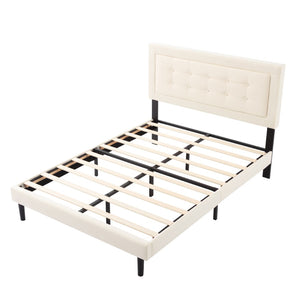 English Elm Full Size Low Profile Platform Bed Padded Headboard Solid Wood Slat Support Frame Beige B347P516289