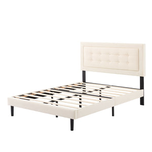English Elm Full Size Low Profile Platform Bed Padded Headboard Solid Wood Slat Support Frame Beige B347P516289