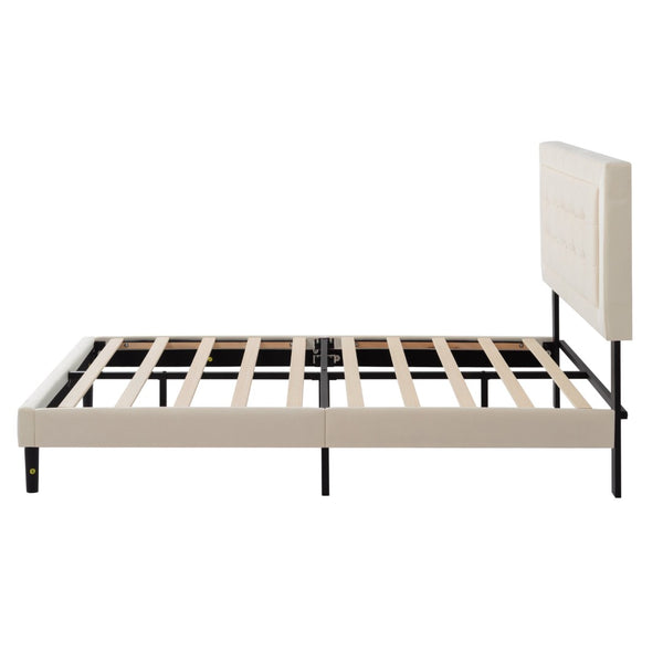 English Elm Full Size Low Profile Platform Bed Padded Headboard Solid Wood Slat Support Frame Beige B347P516289