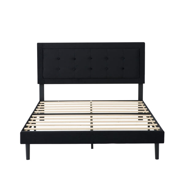 English Elm Full Size Low Profile Platform Bed Padded Headboard Solid Wood Slat Support Frame Black B347P516300