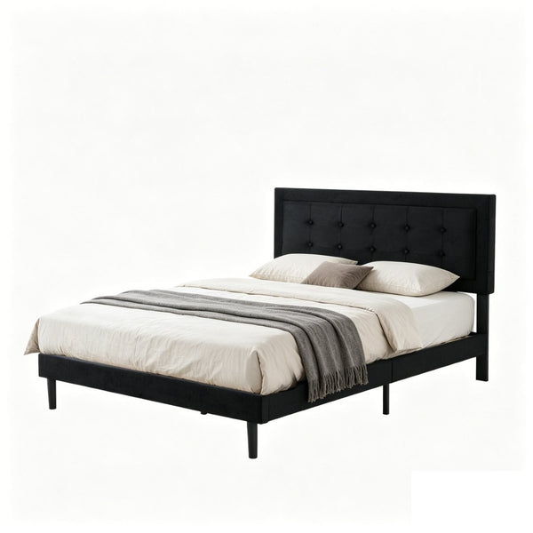 English Elm Full Size Low Profile Platform Bed Padded Headboard Solid Wood Slat Support Frame Black B347P516300