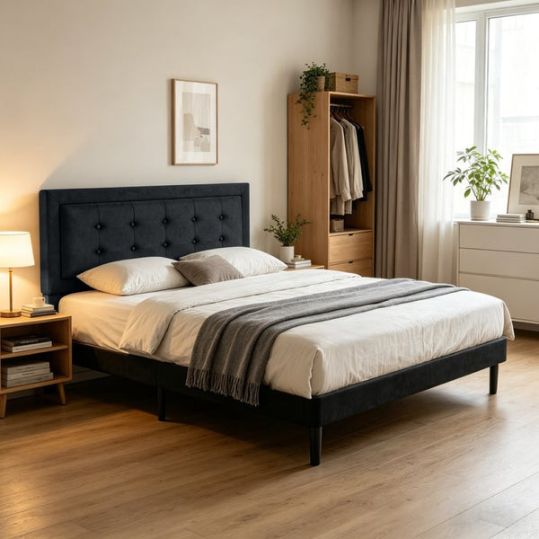 English Elm Full Size Low Profile Platform Bed Padded Headboard Solid Wood Slat Support Frame Black B347P516300