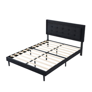 English Elm Full Size Low Profile Platform Bed Padded Headboard Solid Wood Slat Support Frame Black B347P516300