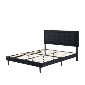 English Elm Full Size Low Profile Platform Bed Padded Headboard Solid Wood Slat Support Frame Black B347P516300