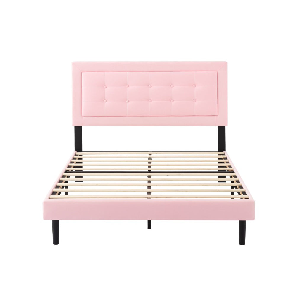 English Elm Full Size Low Profile Platform Bed Padded Headboard Solid Wood Slat Support Frame Pink B347P516304