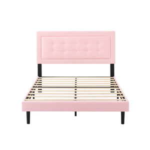 English Elm Full Size Low Profile Platform Bed Padded Headboard Solid Wood Slat Support Frame Pink B347P516304