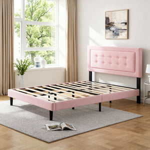 English Elm Full Size Low Profile Platform Bed Padded Headboard Solid Wood Slat Support Frame Pink B347P516304