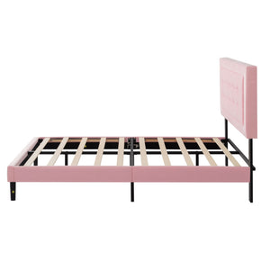 English Elm Full Size Low Profile Platform Bed Padded Headboard Solid Wood Slat Support Frame Pink B347P516304