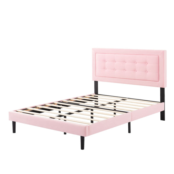 English Elm Full Size Low Profile Platform Bed Padded Headboard Solid Wood Slat Support Frame Pink B347P516304