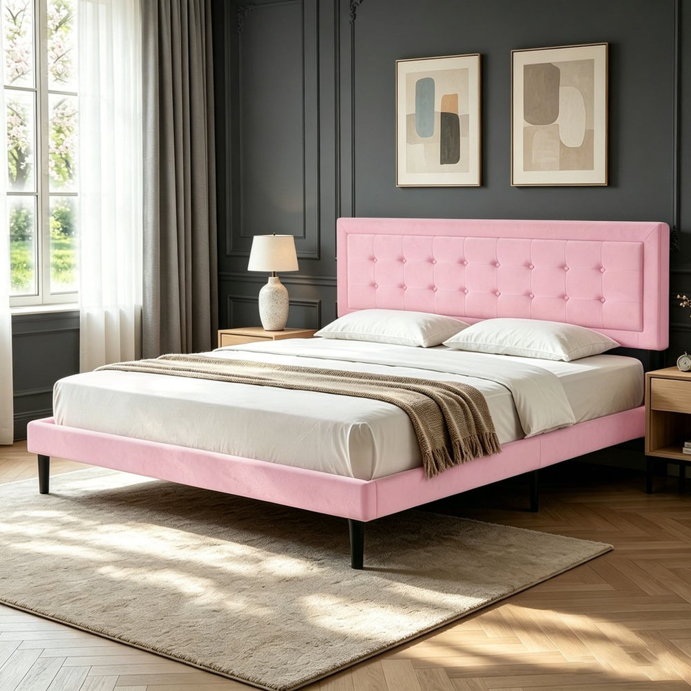 English Elm King Upholstered Platform Bed Square Tufted Headboard Low Profile Foam Padded B347P516323