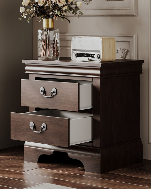 English Elm Classic Traditional Nightstand Two Drawer Solid Wood Bedside Table with Antique Scroll Pulls Brown B347P517991