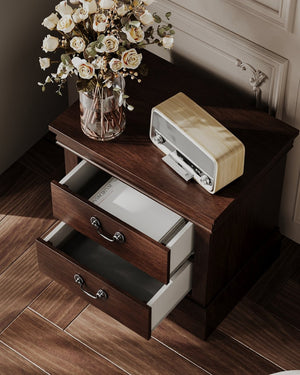 English Elm Classic Traditional Nightstand Two Drawer Solid Wood Bedside Table with Antique Scroll Pulls Brown B347P517991