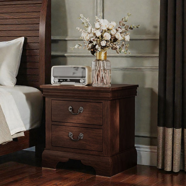 English Elm Classic Traditional Nightstand Two Drawer Solid Wood Bedside Table with Antique Scroll Pulls Brown B347P517991