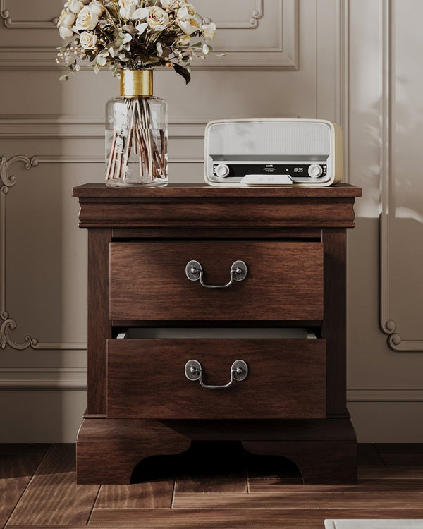 English Elm Classic Traditional Nightstand Two Drawer Solid Wood Bedside Table with Antique Scroll Pulls Brown B347P517991