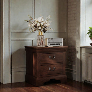 English Elm Classic Traditional Nightstand Two Drawer Solid Wood Bedside Table with Antique Scroll Pulls Brown B347P517991
