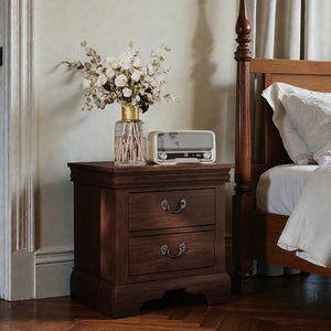 English Elm Classic Traditional Nightstand Two Drawer Solid Wood Bedside Table with Antique Scroll Pulls Brown B347P517991