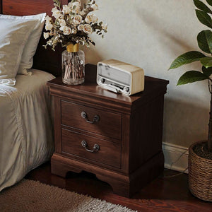 English Elm Classic Traditional Nightstand Two Drawer Solid Wood Bedside Table with Antique Scroll Pulls Brown B347P517991