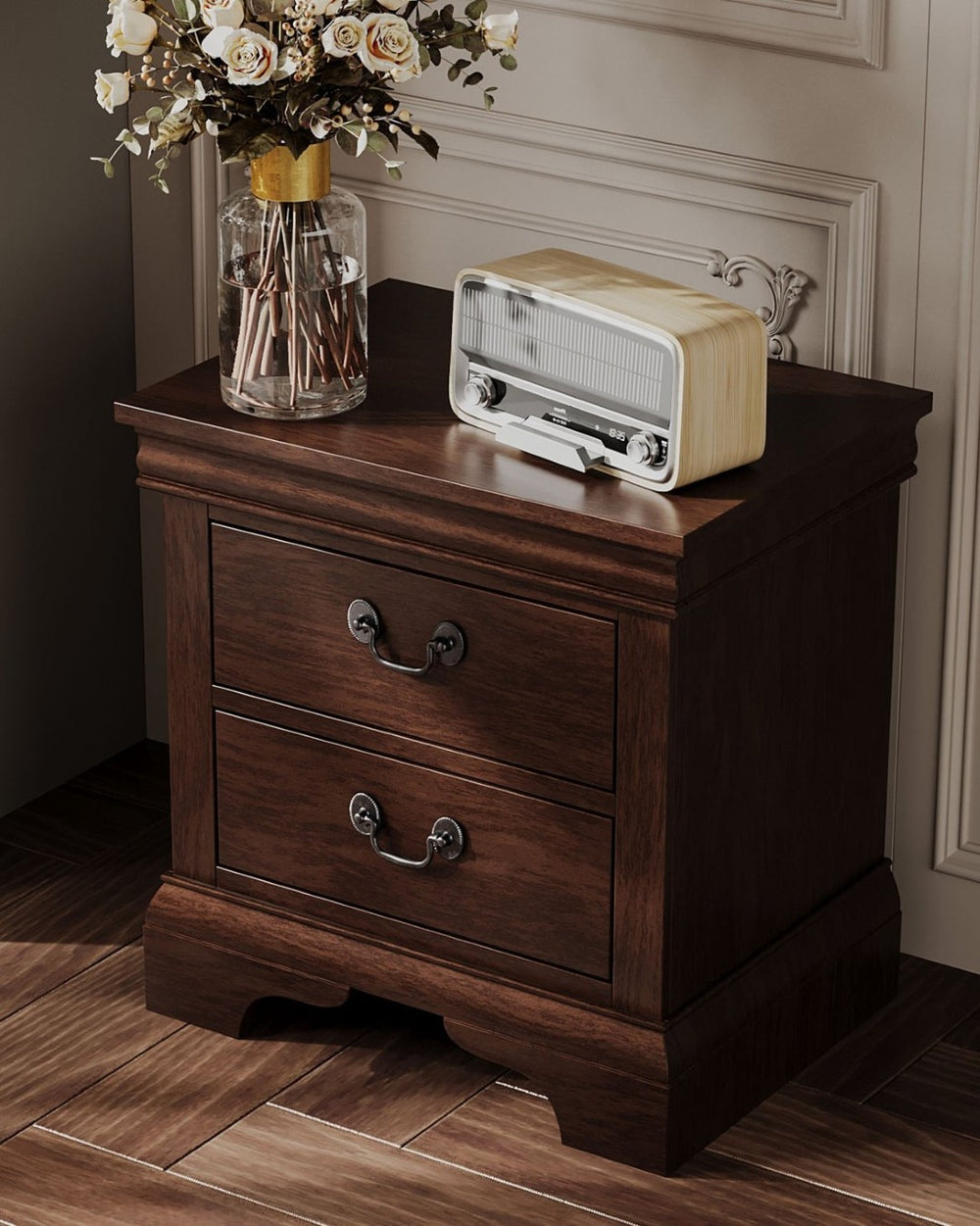 English Elm Classic Traditional Nightstand Two Drawer Solid Wood Bedside Table with Antique Scroll Pulls Brown B347P517991