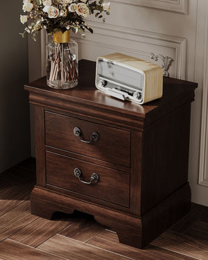 English Elm Classic Traditional Nightstand Two Drawer Solid Wood Bedside Table with Antique Scroll Pulls Brown B347P517991