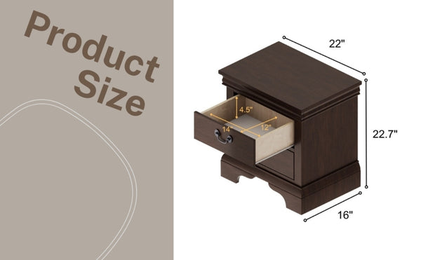 English Elm Classic Traditional Nightstand Two Drawer Solid Wood Bedside Table with Antique Scroll Pulls Brown B347P517991
