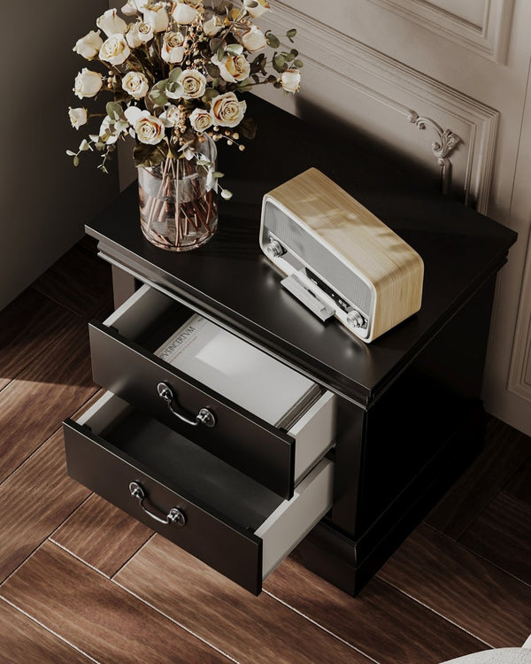 English Elm Classic Traditional Nightstand Two Drawer Solid Wood Bedside Table with Antique Scroll Pulls Black B347P518019