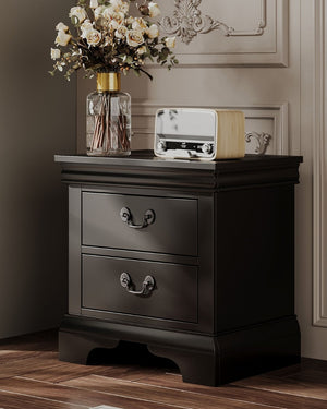 English Elm Classic Traditional Nightstand Two Drawer Solid Wood Bedside Table with Antique Scroll Pulls Black B347P518019