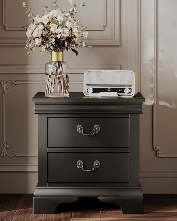 English Elm Classic Traditional Nightstand Two Drawer Solid Wood Bedside Table with Antique Scroll Pulls Black B347P518019
