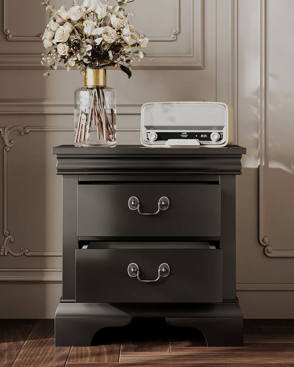 English Elm Classic Traditional Nightstand Two Drawer Solid Wood Bedside Table with Antique Scroll Pulls Black B347P518019
