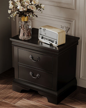 English Elm Classic Traditional Nightstand Two Drawer Solid Wood Bedside Table with Antique Scroll Pulls Black B347P518019