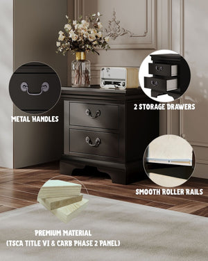 English Elm Classic Traditional Nightstand Two Drawer Solid Wood Bedside Table with Antique Scroll Pulls Black B347P518019
