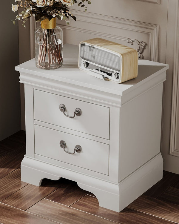 English Elm Classic Traditional Nightstand Two Drawer Solid Wood Bedside Table with Antique Scroll Pulls White B347P518021