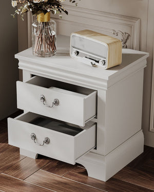 English Elm Classic Traditional Nightstand Two Drawer Solid Wood Bedside Table with Antique Scroll Pulls White B347P518021