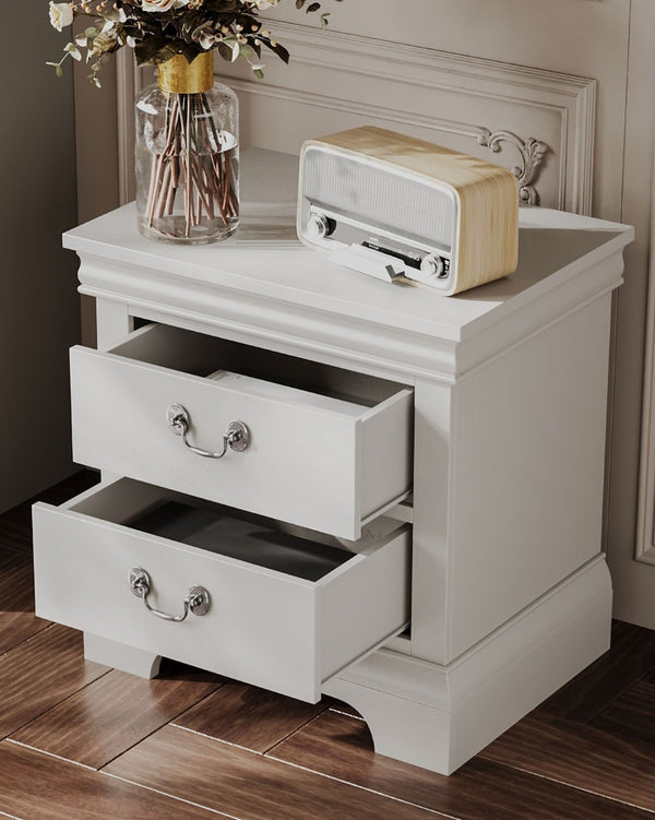 English Elm Classic Traditional Nightstand Two Drawer Solid Wood Bedside Table with Antique Scroll Pulls White B347P518021