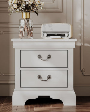 English Elm Classic Traditional Nightstand Two Drawer Solid Wood Bedside Table with Antique Scroll Pulls White B347P518021