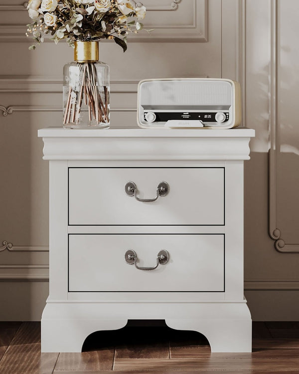 English Elm Classic Traditional Nightstand Two Drawer Solid Wood Bedside Table with Antique Scroll Pulls White B347P518021