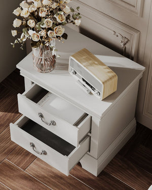 English Elm Classic Traditional Nightstand Two Drawer Solid Wood Bedside Table with Antique Scroll Pulls White B347P518021