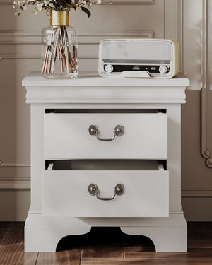 English Elm Classic Traditional Nightstand Two Drawer Solid Wood Bedside Table with Antique Scroll Pulls White B347P518021